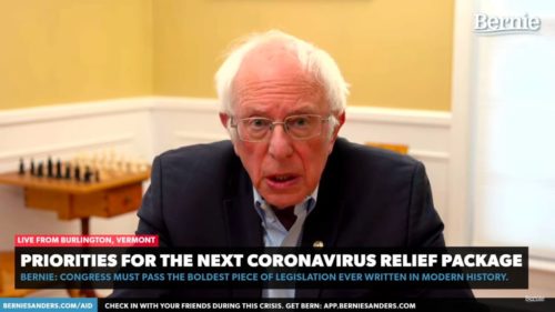 Bernie Sanders speaks during a livestream from his home.