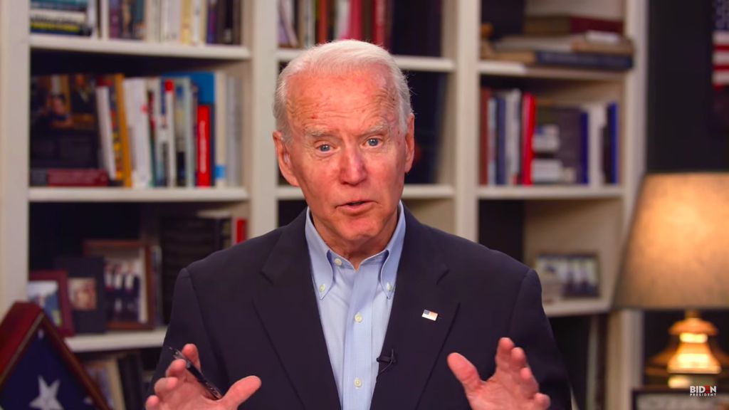 Joe Biden speaks during a livestream from his home.
