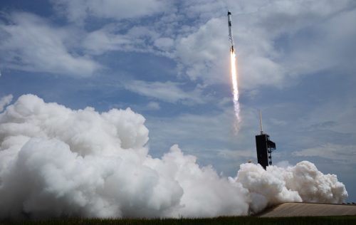 A SpaceX Falcon 9 rocket carrying the company's Crew Dragon spacecraft is launched from Launch Complex 39A on NASA’s SpaceX Demo-2 mission to the International Space Station with NASA astronauts Robert Behnken and Douglas Hurley onboard, Saturday, May 30, 2020, at NASA’s Kennedy Space Center in Florida.