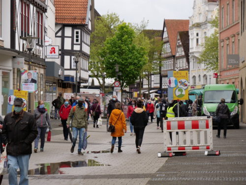 Pedestrians in Detmold, Kreis Lippe, Northrhine-Westphalia out on May 2, 2020, after lockdown rules are relaxed.