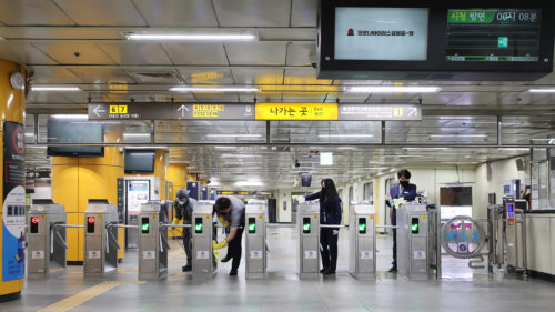 Subway station undergoes disinfection for COVID-19 Dongdaemun History & Culture Park Station, Seoul, May 07, 2020