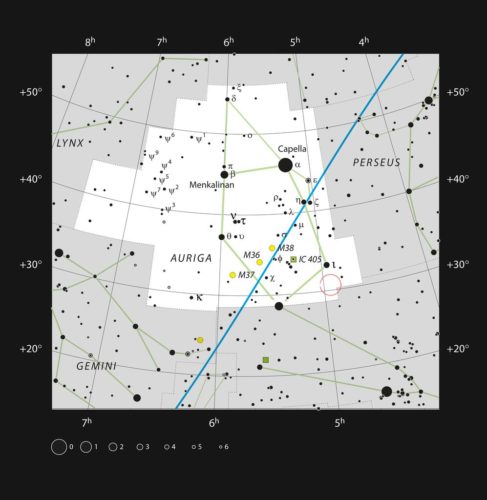 Location of AB Aurigae in the constellation of Auriga