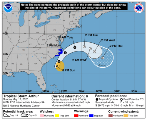 National Hurricane Center's 5-day track and intensity forecast cone of Atlantic AL012020 Tropical Depression One.