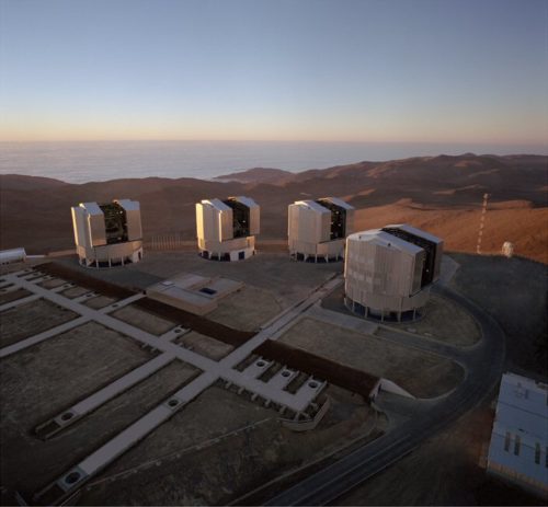 Aerial view of the Very Large Telescope Array (VLT) in the Paranal Mountain, Chile.