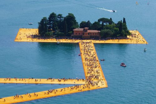 The Floating Piers at the island of San Paolo, by Christo and Jeanne-Claude, viewed from Rocca di Monte Isola, June 2016