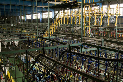 Bicycle frames on the line in a factory in Shanghai, China.