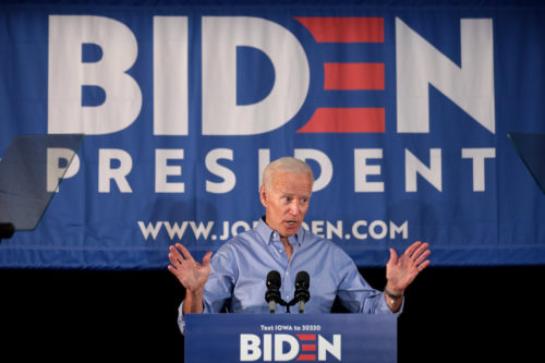 Former Vice President of the United States Joe Biden speaking with supporters at a community event at the Best Western Regency Inn in Marshalltown, Iowa.