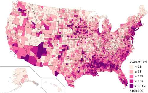 Cases of COVID-19 per 100,000 residents in the USA by county;[1] areas with no available data are coloured grey