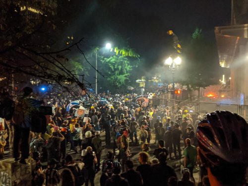 Tear gas from BORTAC and fires at Mark O. Hatfield United States Courthouse during the 2020 George Floyd protests in Portland, Oregon. July 22, 2020.