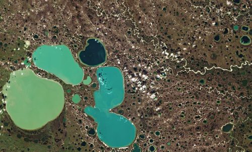 Ponds resulting from thawing permafrost in the Yamal Peninsula in northwest Siberia captured by the Copernicus Sentinel-2 mission on 27 August 2018.