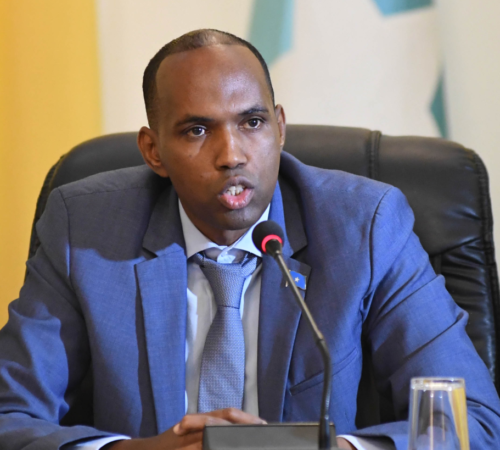 Somalia's Prime Minister, Hassan Ali Kheyre, speaks during a meeting with AU delegation