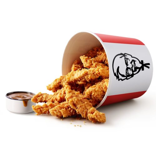 A bucket of KFC Chicken Tenders on its side.