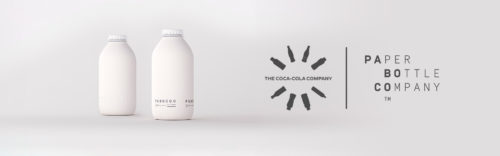 Picture of paper bottles and a logo from Coca-Cola and Paboco.