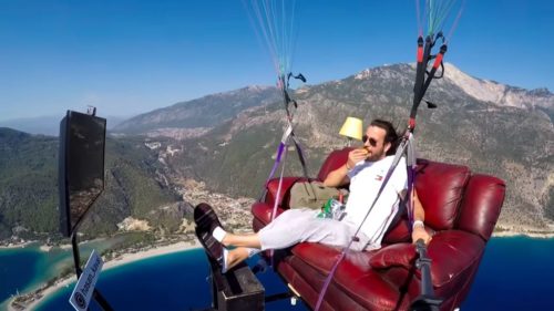 Hasan Kaval on his couch while paragliding.