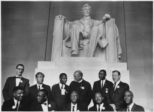 Civil Rights March on Washington, D.C. (Leaders of the march posing in front of the statue of Abraham Lincoln)