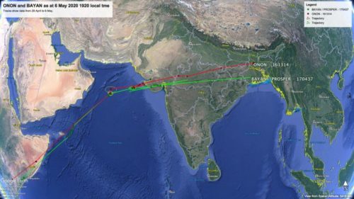 Map showing migration routes taken by cuckoos named Onon and Bayan.