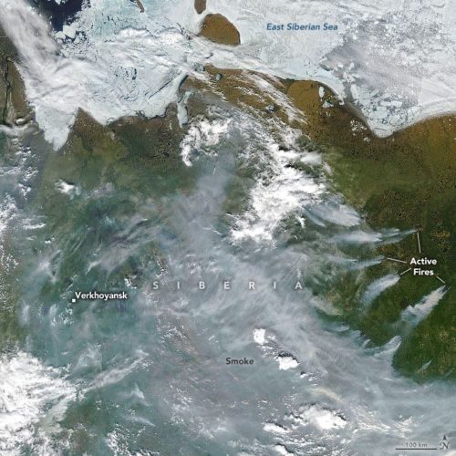 The image shows smoke streaming from several active wildfires in Russia's Sakha region on June 23, 2020.