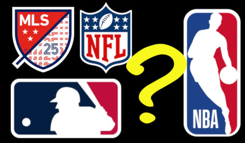 Montage of US sports league logos with question mark.