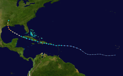 Track map of Hurricane Laura of the 2020 Atlantic hurricane season.