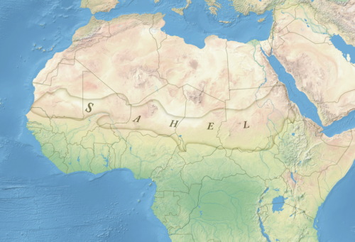 This is a map illustrating the Sahel region of Africa. Derived from Natural Earth data. Projection: Lambert Conformal Conic, CM: 14E, SP: 10N, 25N