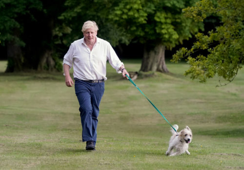 The Prime Minister Boris Johnson takes his dog Dilyn for a walk in the grounds of Chequers as he encourages people to exercise for a better health. Picture by Andrew Parsons / No 10 Downing Street