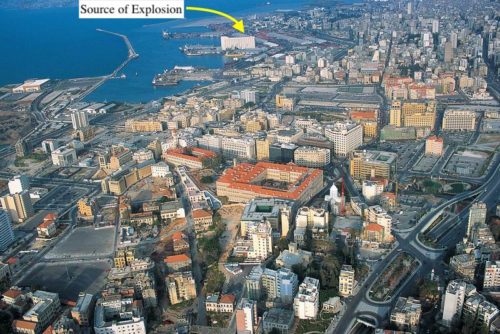 Labeled image of the north of Beirut, showing the source of the explosions.