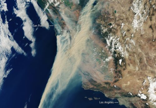 Captured on 19 August 2020, this Copernicus Sentinel-3 image shows the extent of the smoke from fires currently ablaze in California, US.