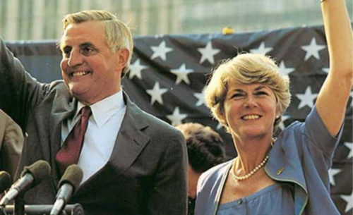 US. presidential candidate Walter Mondale and vice-presidential candidate Geraldine Ferraro photographed while campaigning at political rally at Fort Lauderdale, Florida. US LOC, April 27, 1984.