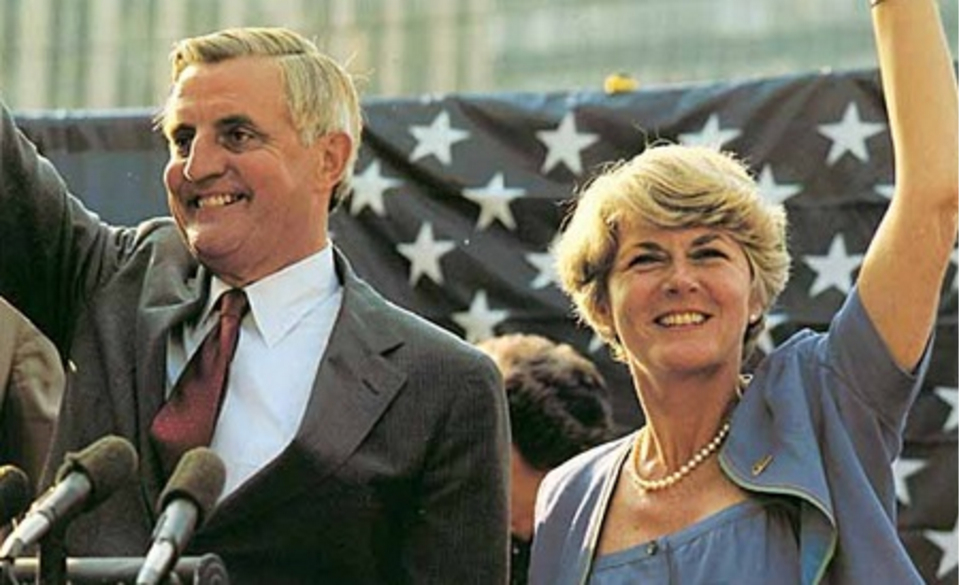 US. presidential candidate Walter Mondale and vice-presidential candidate Geraldine Ferraro photographed while campaigning at political rally at Fort Lauderdale, Florida. US LOC, April 27, 1984.