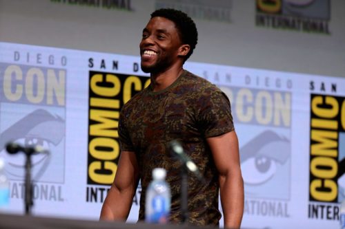 Chadwick Boseman speaking at the 2017 San Diego Comic Con International, for "Black Panther", at the San Diego Convention Center in San Diego, California.