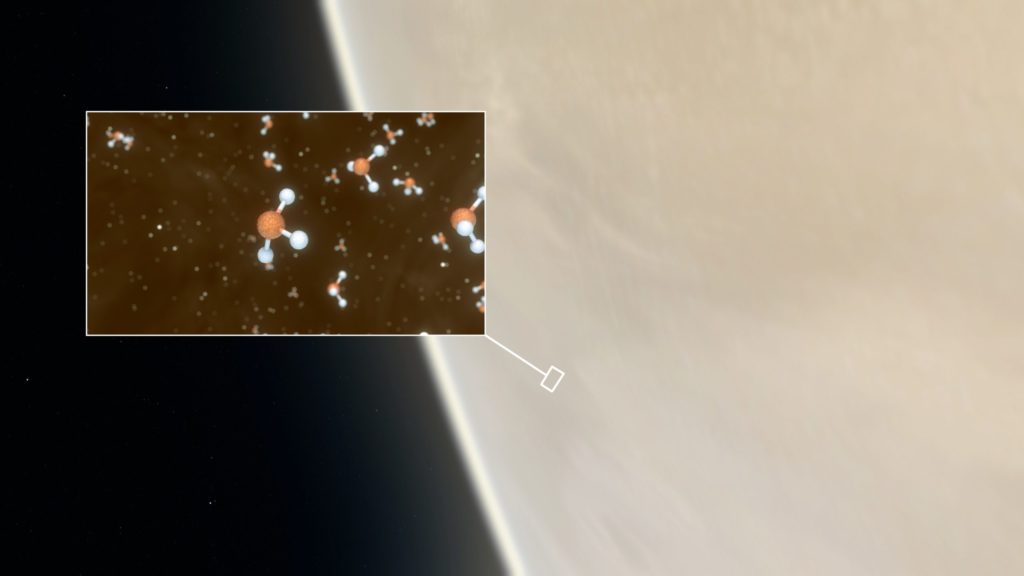 Artist’s impression of Venus and the phosphine (PH3) detected in the atmosphere.