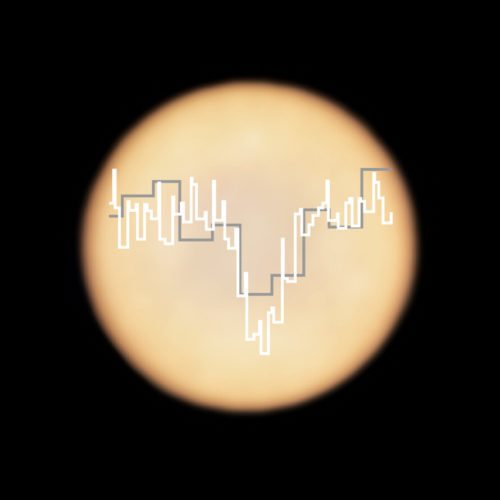 ALMA image of Venus, superimposed with spectra of phosphine observed with ALMA (in white) and JCMT (in grey).