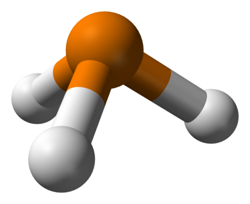 Ball-and-stick model of the phosphine molecule, PH3.