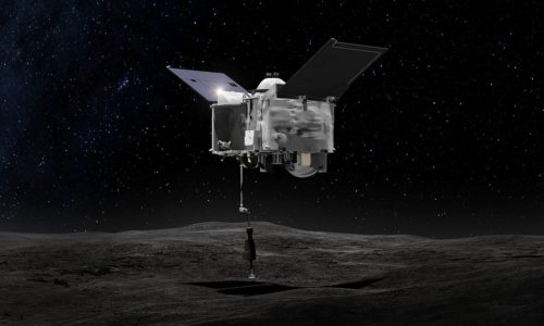 This artist's concept shows the Origins Spectral Interpretation Resource Identification Security - Regolith Explorer (OSIRIS-REx) spacecraft contacting the asteroid Bennu with the Touch-And-Go Sample Arm Mechanism or TAGSAM.