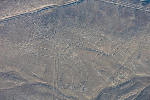 Aerial view of the "Monkey", one of the most popular geoglyphs of the Nazca Lines, which are located in the Nazca Desert in southern Peru.