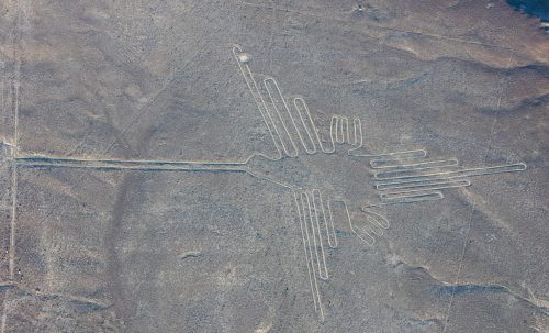 Aerial view of "The Hummingbird", one of the most popular geoglyphs of the Nazca Lines, which are located in the Nazca Desert in southern Peru.