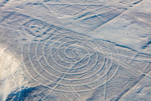 Aerial view of the "Spiral", one of the geoglyphs of the Nazca Lines, which are located in the Nazca Desert, near the city of Nazca, in southern Peru.
