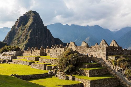 View of the ancient houses of Machu Picchu houses, Urubamba Province, Cusco Region, today Peru.