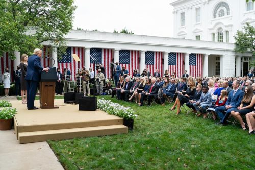 President Donald J. Trump announces Judge Amy Coney Barrett as his nominee for Associate Justice of the Supreme Court of the United States Saturday, Sept. 26, 2020, in the Rose Garden of the White House. (Official White House Photo by Andrea Hanks)