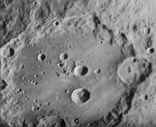 Slightly oblique view of most of Clavius, on the moon. North is to upper right.