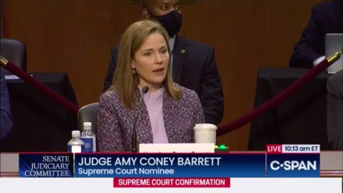 Amy Coney Barrett answers questions during the Senate hearing on October 14.