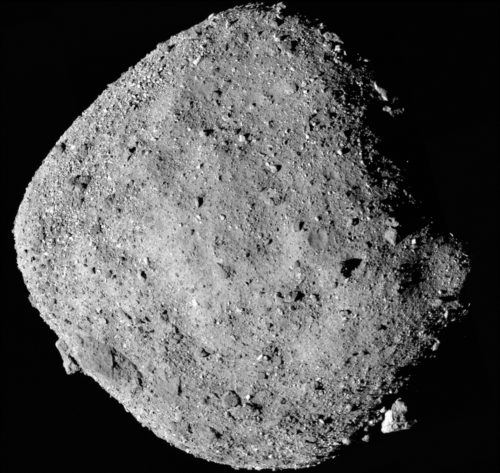 This mosaic image of asteroid Bennu is composed of 12 PolyCam images collected on Dec. 2 by the OSIRIS-REx spacecraft from a range of 15 miles (24 km).