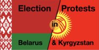 The text "Election Protests in Belarus and Kyrgyzstan" superimposed on the combined flags of the two countries.