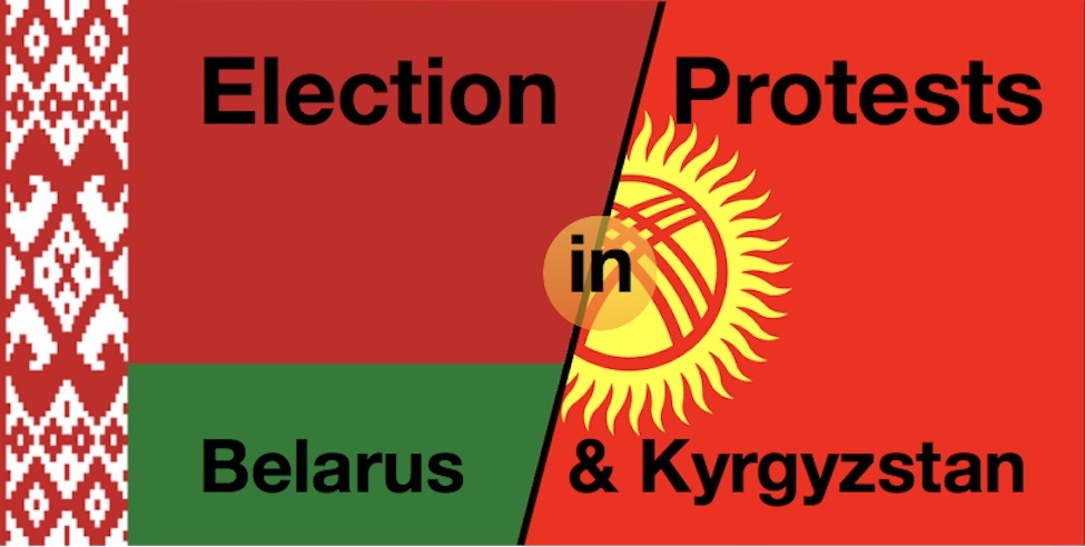 The text "Election Protests in Belarus and Kyrgyzstan" superimposed on the combined flags of the two countries.