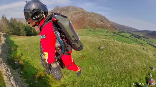 Richard Browning shows off his jet suit in the mountains of the Lake District as he tests the suit for possible use by emergency medical workers.