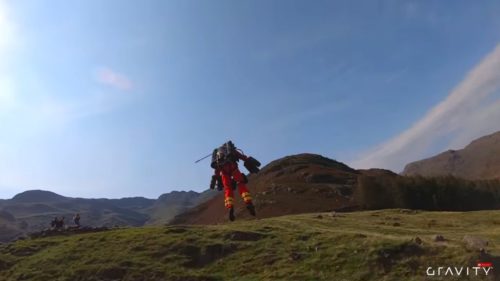 Richard Browning shows of his jet suit in the mountains of the Lake District as he tests the suit for possible use by emergency medical workers.