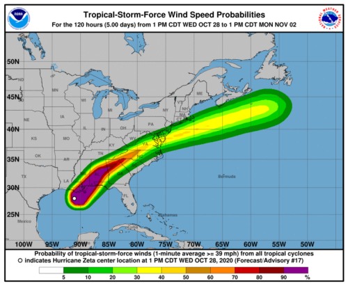 A map showing the likely path and wind speeds of Hurricane Zeta.