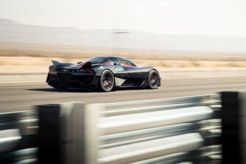 SSC's Tuatara streaking down a Nevada highway as it sets the world speed record for a production car.