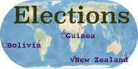 World map with the word Elections. Bolivia, Guinea, and New Zealand are marked.