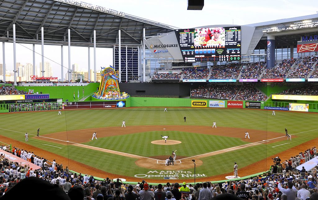 First pitch at Marlins Park, home of the Miami Marlins, which held its first Major League game on April 4, 2012, between the Marlins and the St. Louis Cardinals.
